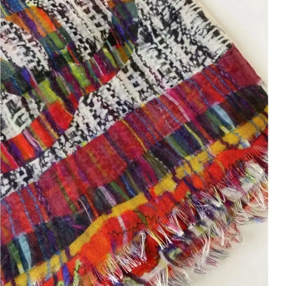 Auth Chanel Multicolor Cashmere Modal Silk Blend Striped Wrap Shawl Stole Scarf